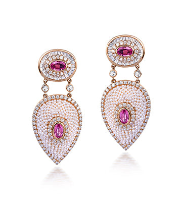Pearl, Diamond and Pink sapphire earrings